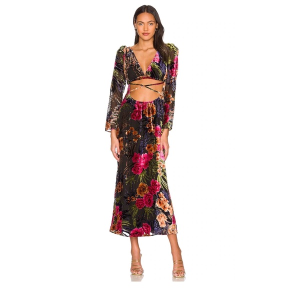 Cut Out Flocked Velvet Dress in Black Multi - Picture 2 of 11